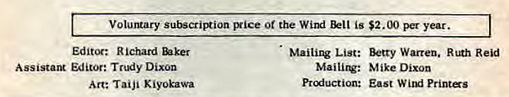 Machine generated alternative text:
Voluntary subscription Bice 0t the Wind Bell is $2.00 per year. 
Editor: Richard mer 
Assistar* Editor: Dixon 
Art: TaiJi Kiyokawa 
Mailing List: Betty Warren. Ruth Reid 
Mailirv: Mike Dixon 
East W Prints 