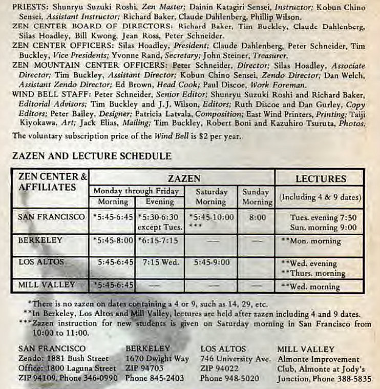 Machine generated alternative text:
PRIESTS: Shunryu Suzuki Roshi, Zen Master; Dainin Katagiri Sensei, Instructor; Kobun Chino 
Sensei. Assistant Instructor; Richard Baker. Claude Dahlenberg. Phillip Wilson. 
ZEN CENTER BOARD OF DIRECTORS; Richard Baker, Tim Buckley, Claude Dahlcnbete 
Silas Hoadley. Bill Kwong, Jean Ross, Peter Schneider. 
ZEN CENTER OFFICERS: Silas Hoadley, President; Claude Dahlenberg. Peter Schneider, Tim 
Buckley, Vice Presidents; Yvonne Rand. Secretary; John Steiner. Treasurer. 
ZEN MOUNTAIN CENTER OFFICERS: Schneider, Director: Silas Hoadley, Associate 
Director; Tim Buckley, Assistant Director; Kobun Chino Sensei. Zendo Director; Dan Welch. 
Assistant Zendo Director; Ed Brown, Head Cook; Paul Discoe, Work Foreman. 
WIND BELL STAFF: peter Schneider, Senior Editor,' Shunryu Suzuki Roshi and Richard Baker, 
Editorial Advisors; Tim Buckley and J. J. Wilson, Editors; Ruth Discoc and Dan Gurley, Copy 
Editors; peter Bailey, Designer; Patricia Latvala, Composition; East Wind Printers, Printing; Taiji 
Kiyokawa, Art; Jack Elias, Mailing; Tim Buckley. Robert Boni and Kazuhiro Tsuruta, Photose 
The voluntary subscription price of the Wind Bell is S2 per year. 
ZAZEN AND LECTURE SCHEDULE 
ZEN CENTER 
ILIATES 
FRANCISCO 
LOS ALTOS 
MILL VALLEY 
ZAZEN 
Manda throu Frida 
Morning 
5:45-6; 45 
Evening 
except Tues. 
7:15 Wed. 
Satu rday 
M orning 
LECTURES 
Sunday 1. Including 4 & 9 dates) 
Morning 
8:00 
Tues. evening 7:50 
Sun. morning 9:00 
• Mon. morning 
• •wed. evening 
• •Thurs. mornin 
•Wed. mornin 
• nicte is no zazen dates 4 Or 9. such as 14. 29. etc. 
Berkeley. Los Altos and Valley. lectures are held after zazen including and 9 dates. 
• • • Zazen instruction for new is given on Saturday morning in San Francisco from 
to 11:00. 
SAN FRANCISCO 
Zendo: 1881 Bush Streee• 
Laguna Street 
ZIP 94109, Phone 346-0990 
BERKELEY 
1670 Dwighi way 
ZiP94903 
Phone 845-2403 
LOS ALTOS 
MILL VALLEY 
746 University Ave. Almonte Improvement 
ZIP 94022 
Club. Almonte at Jody's 
Phone 948-5020 
Junction. Phone 388-5835 